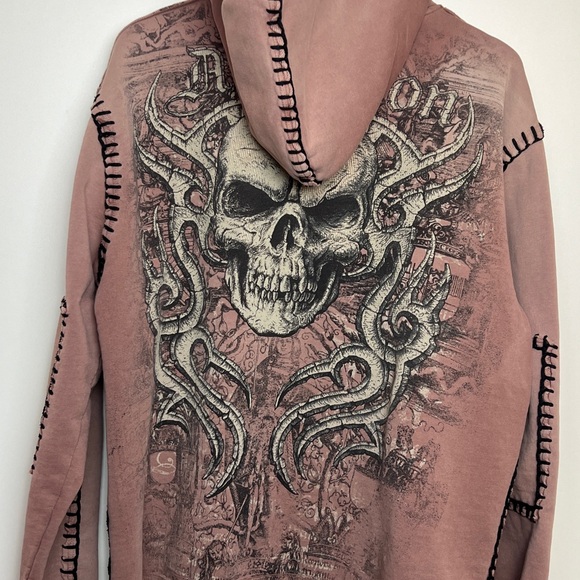 Vintage Affliction Cracked Zip Hoodie Mens XL Burgundy Grunge Y2K Halloween - Picture 3 of 17